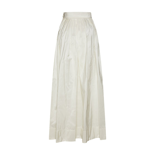 Womens White Tafeta Maxi Ball Skirt with cinched waist and pockets back
