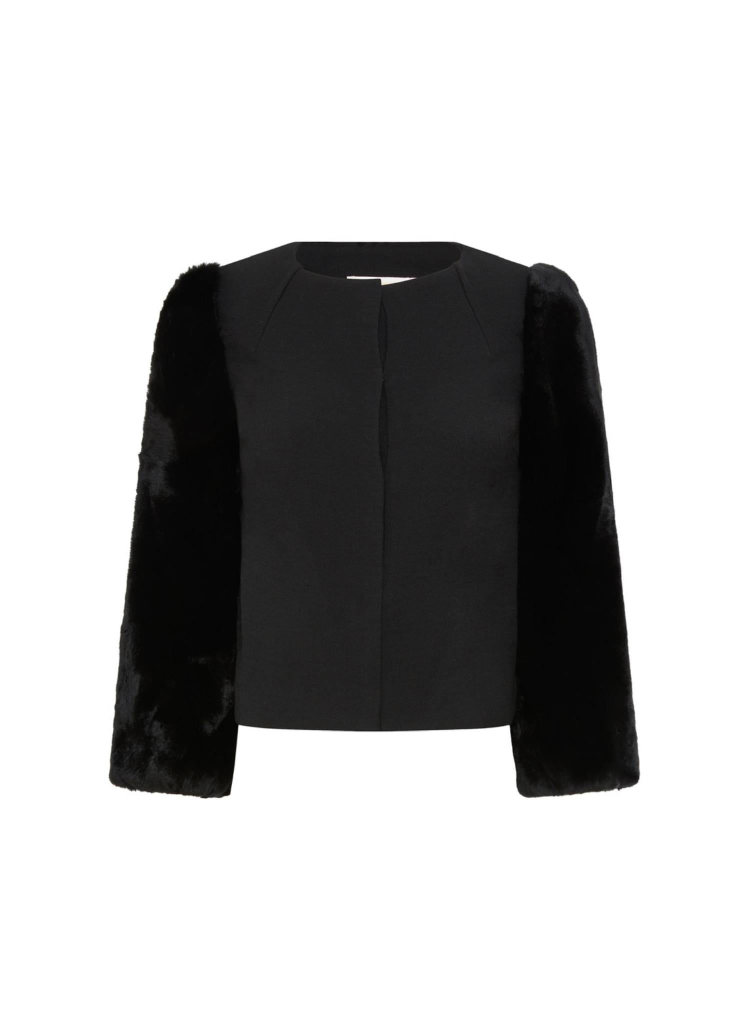 Womens Black Jacket Fur Sleeves Front Closure